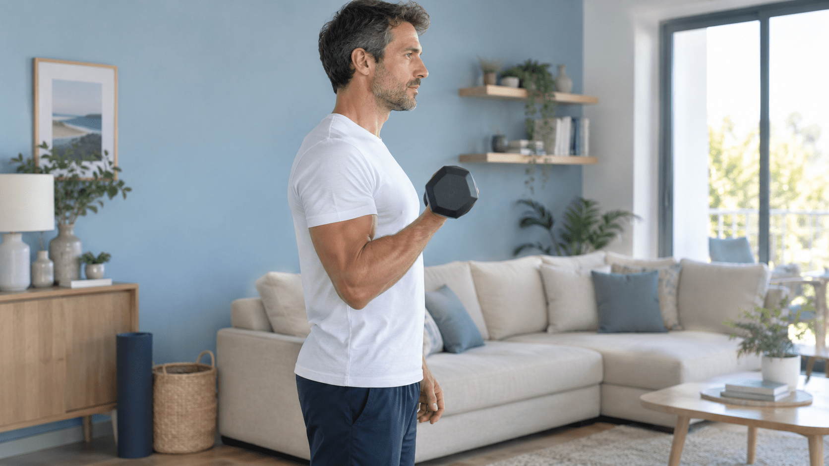 Homme debout dans un salon effectuant un curl avec un haltère hexagonal