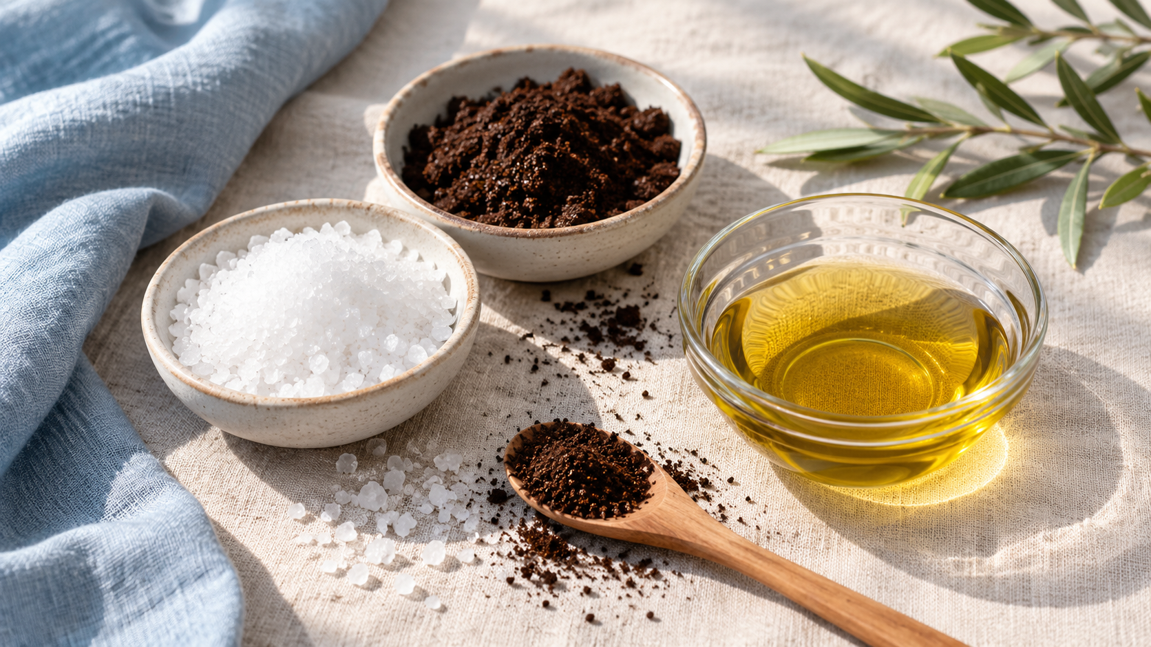 Bols de sel et de café, huile dorée et cuillère en bois composent une scène de préparation de gommage corporel.