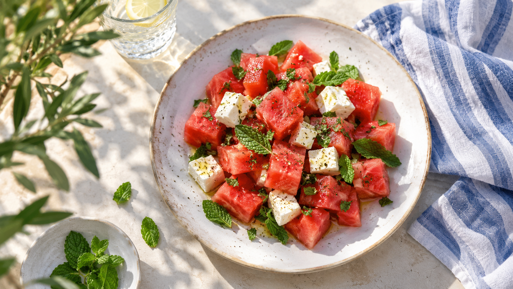 Salade estivale de pastèque en cubes, feta, menthe fraîche et poivre, servie dans une assiette claire.