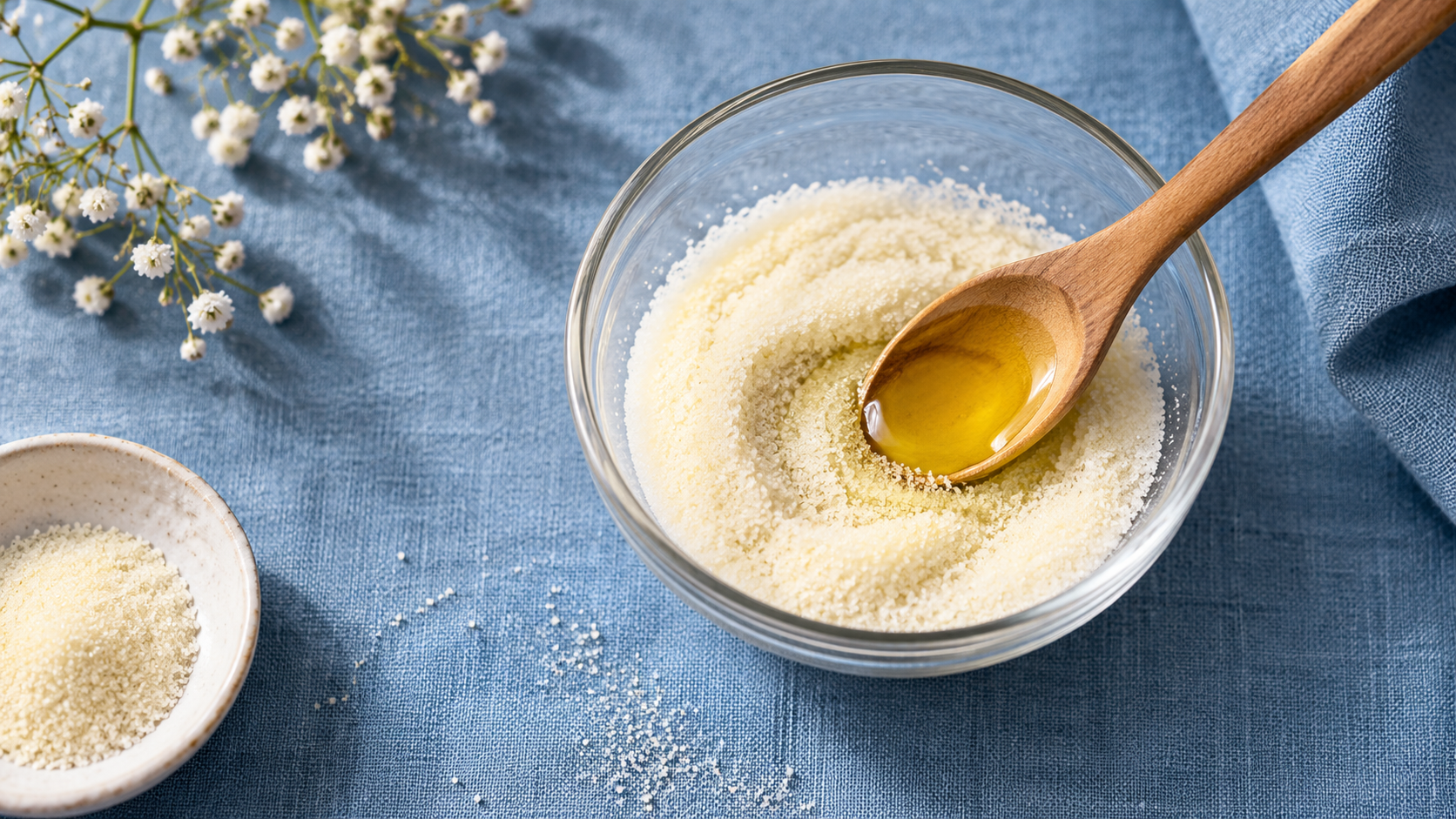 Bol en verre rempli de sucre exfoliant et d’huile, avec cuillère en bois sur tissu bleu.