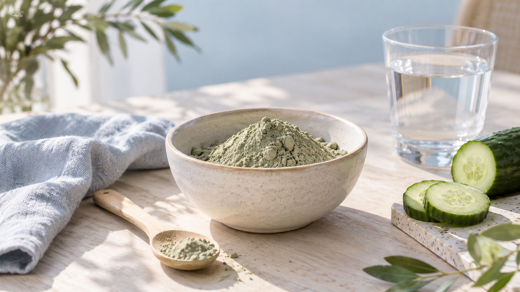 Bol de poudre verte, concombres tranchés, cuillère en bois, verre d’eau et serviette sur une table lumineuse.
