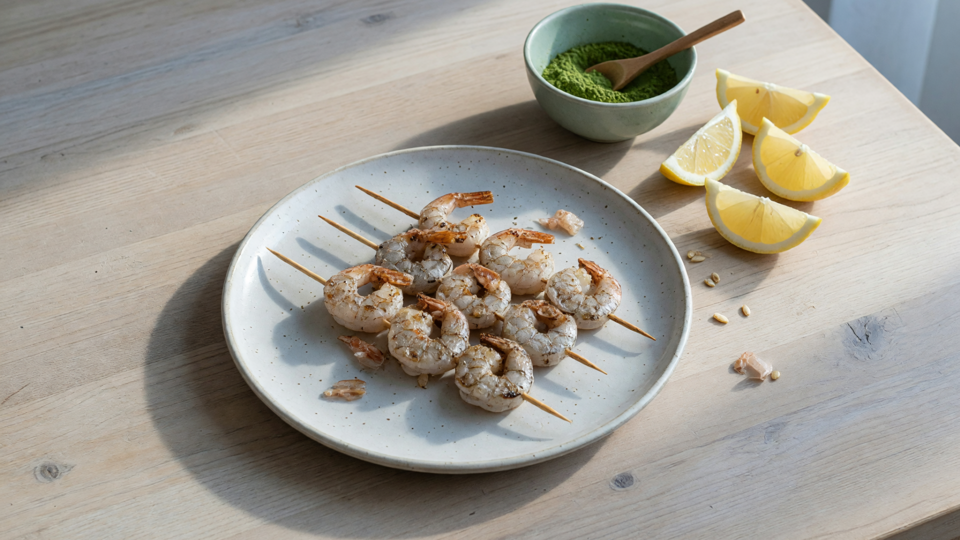 Brochettes de crevettes grillées servies sur une assiette avec quartiers de citron et un bol de thé vert