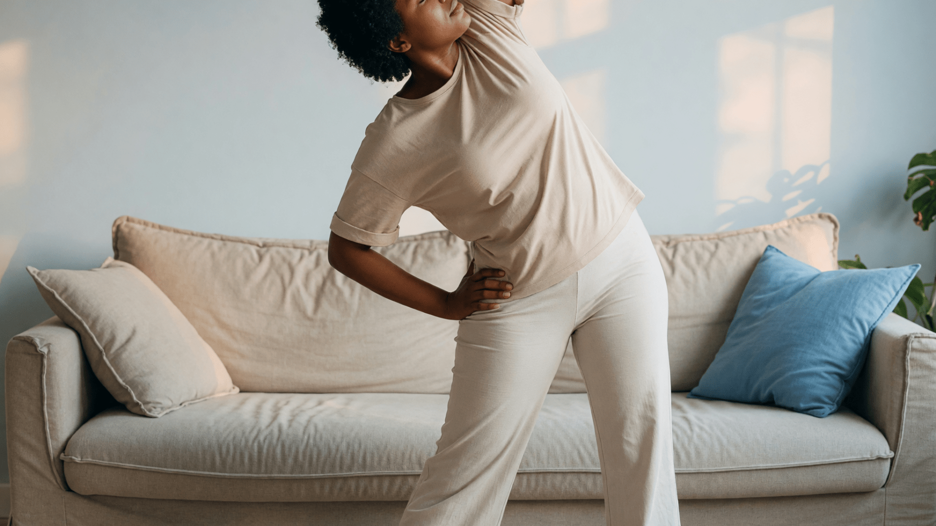 Femme à la peau foncée réalisant un étirement debout dans un salon lumineux, devant un canapé beige avec coussin bleu.