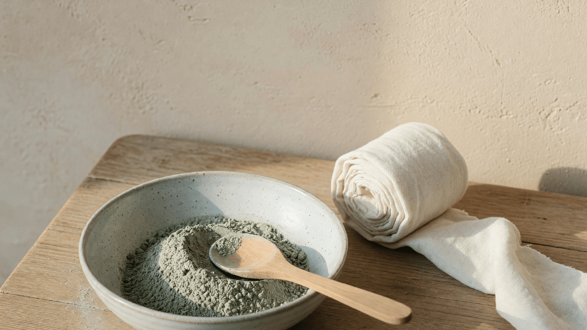 Bol d'argile verte, cuillère en bois et bande de coton roulée sur une table.