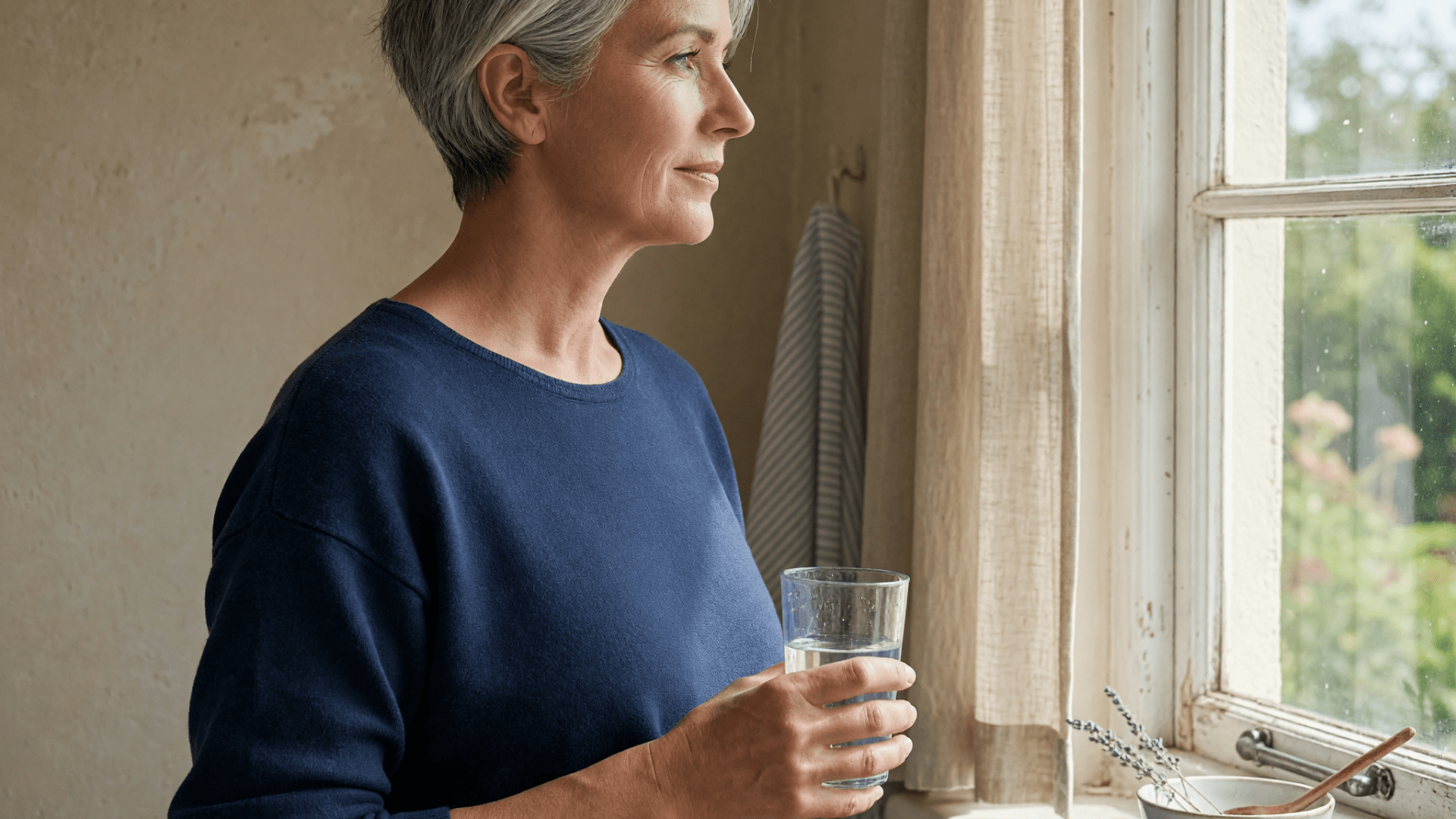 Femme aux cheveux argentés, un verre d'eau à la main, devant une fenêtre.