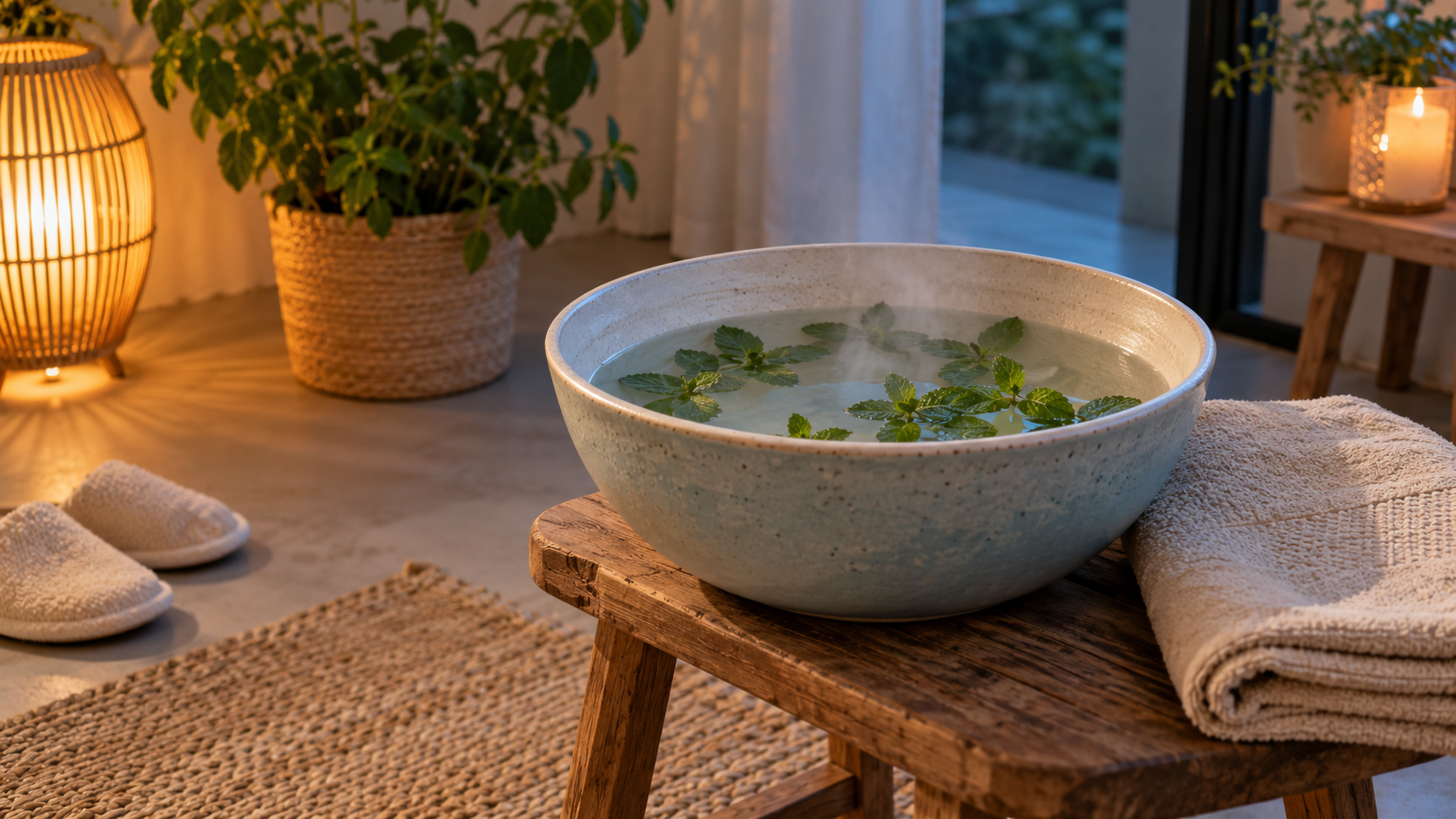 Une bassine en céramique remplie d’eau et de menthe repose sur un tabouret, près d’une serviette beige.