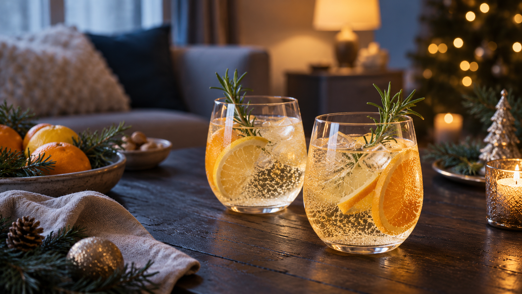 Deux verres de cocktails pétillants aux agrumes et au romarin reposent sur une table sombre devant un sapin illuminé.