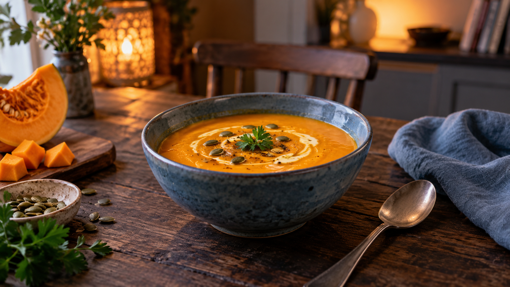 Un bol bleu de soupe orange au potiron repose sur une table sombre, avec une cuillère et une lampe.