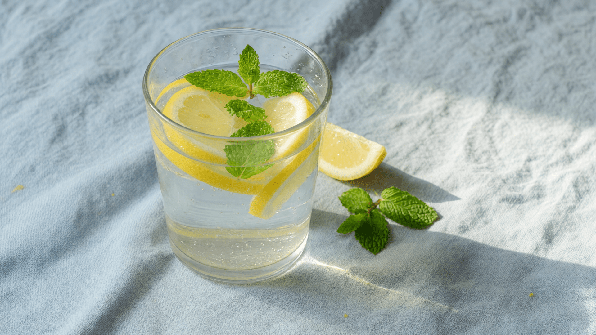 Un verre d’eau au citron et à la menthe repose sur un tissu bleu, éclairé latéralement.
