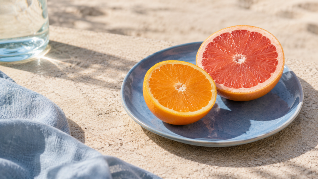 Une orange coupée et un demi-pamplemousse reposent sur une assiette bleue, sur une table beige ensoleillée.