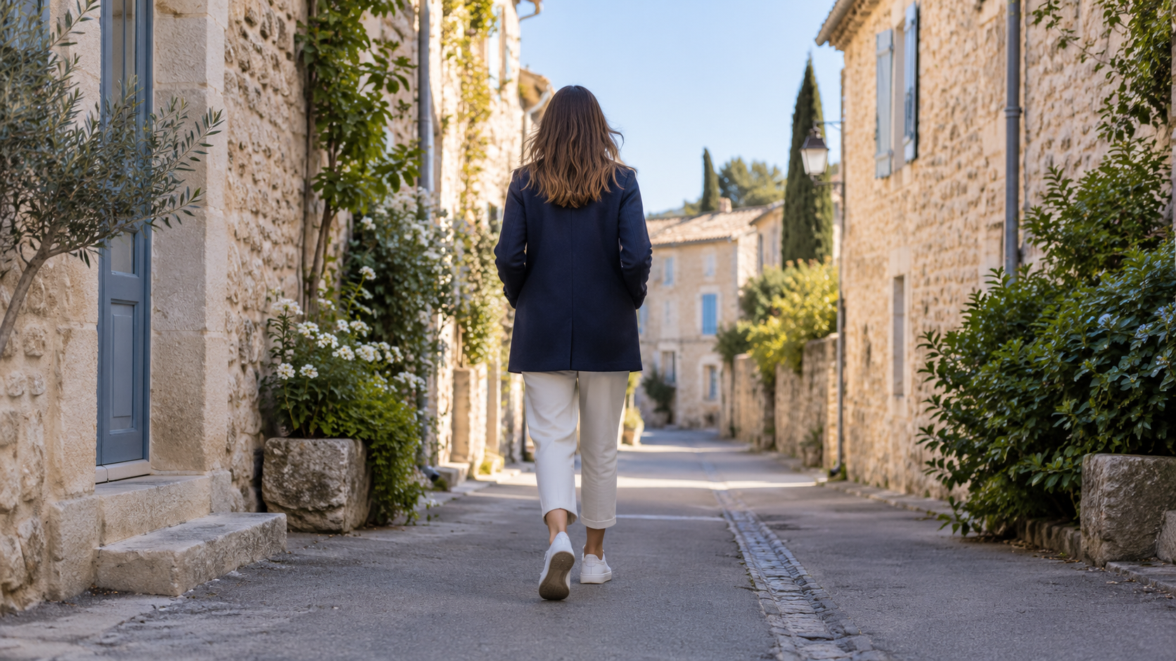 Une adulte vue de dos marche entre des maisons en pierre, en manteau marine et pantalon crème raccourci.
