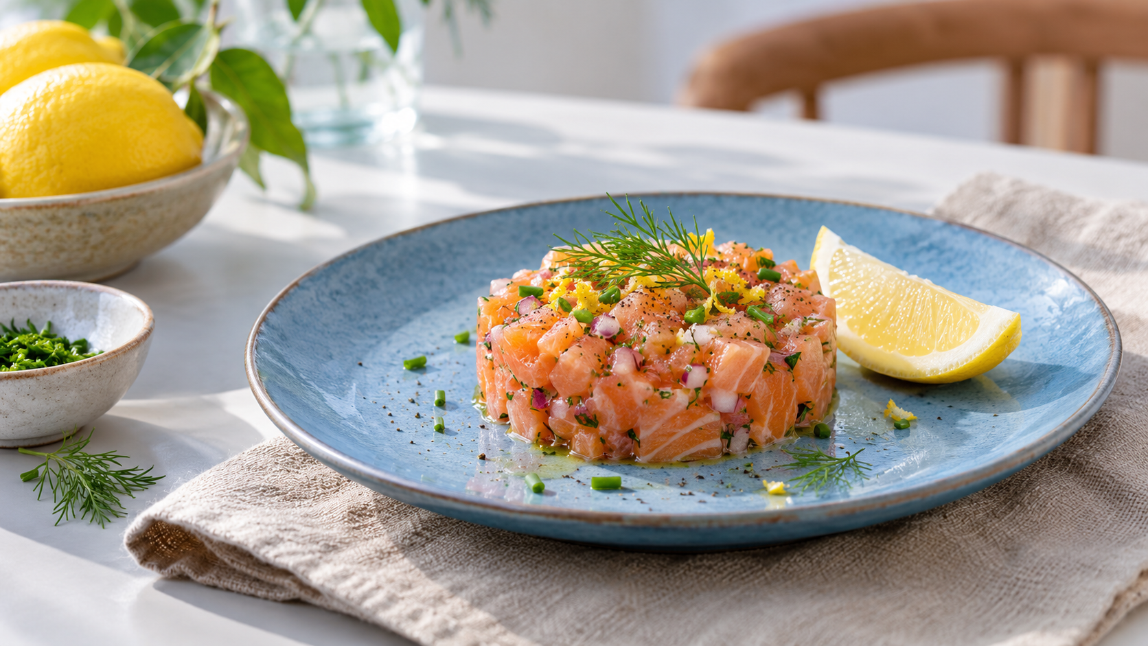 Un tartare de saumon et un quartier de citron reposent sur une assiette bleue, avec une serviette sable.