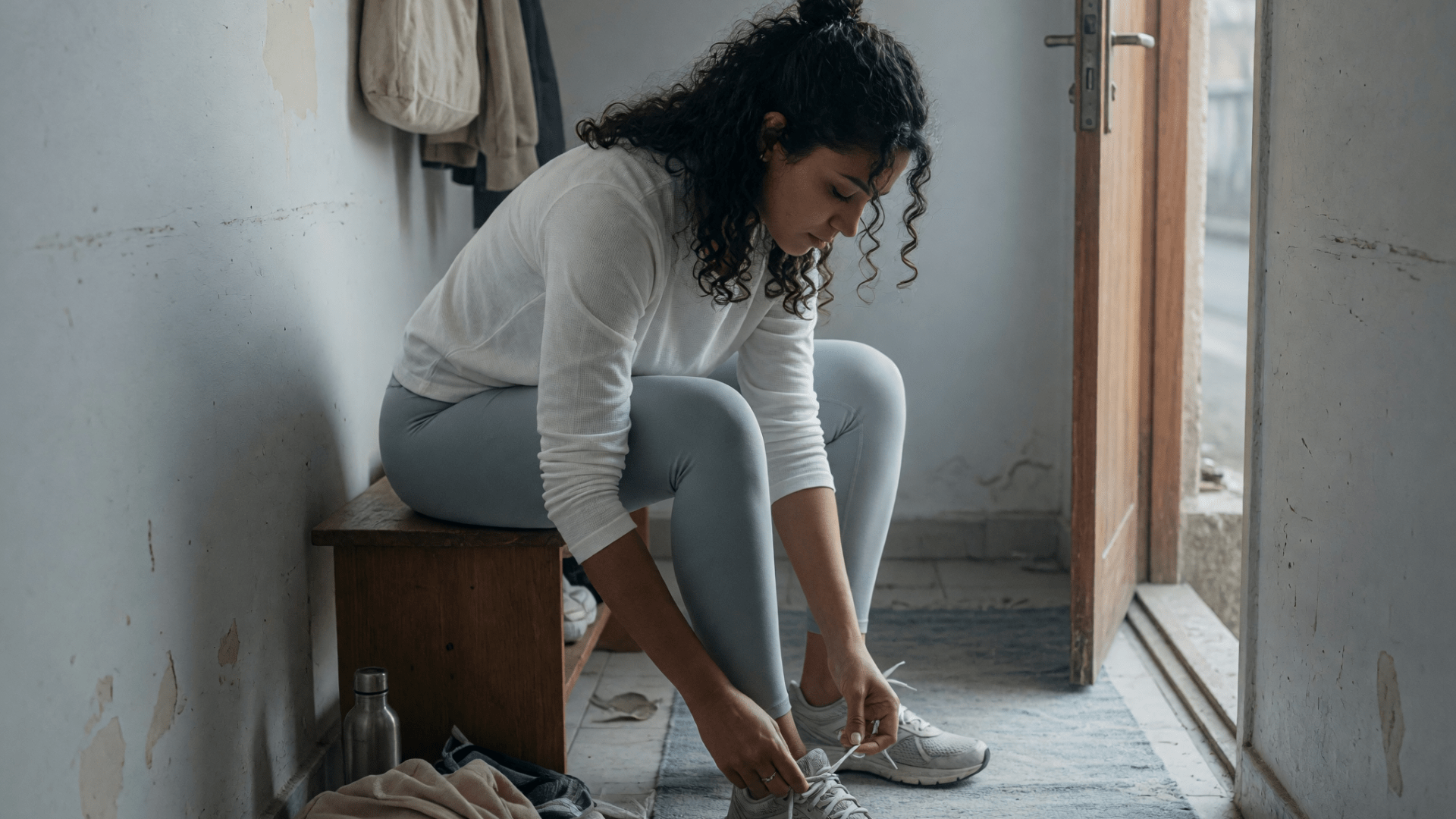 Une femme aux cheveux bouclés lace une chaussure de course dans une entrée, sous une lumière grise.