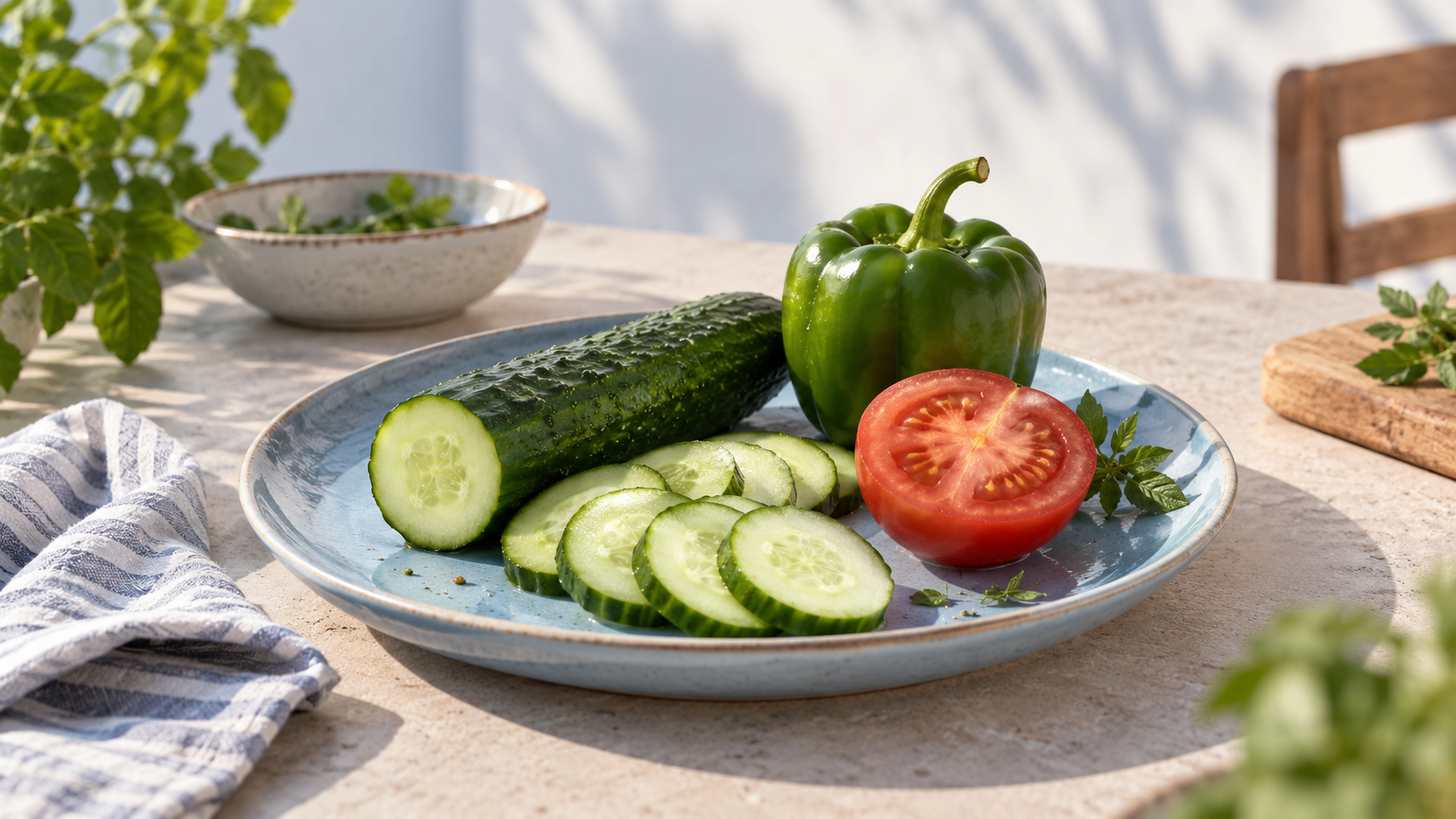 Des rondelles de concombre, une demi-tomate et un poivron vert sont posés sur une assiette bleue.