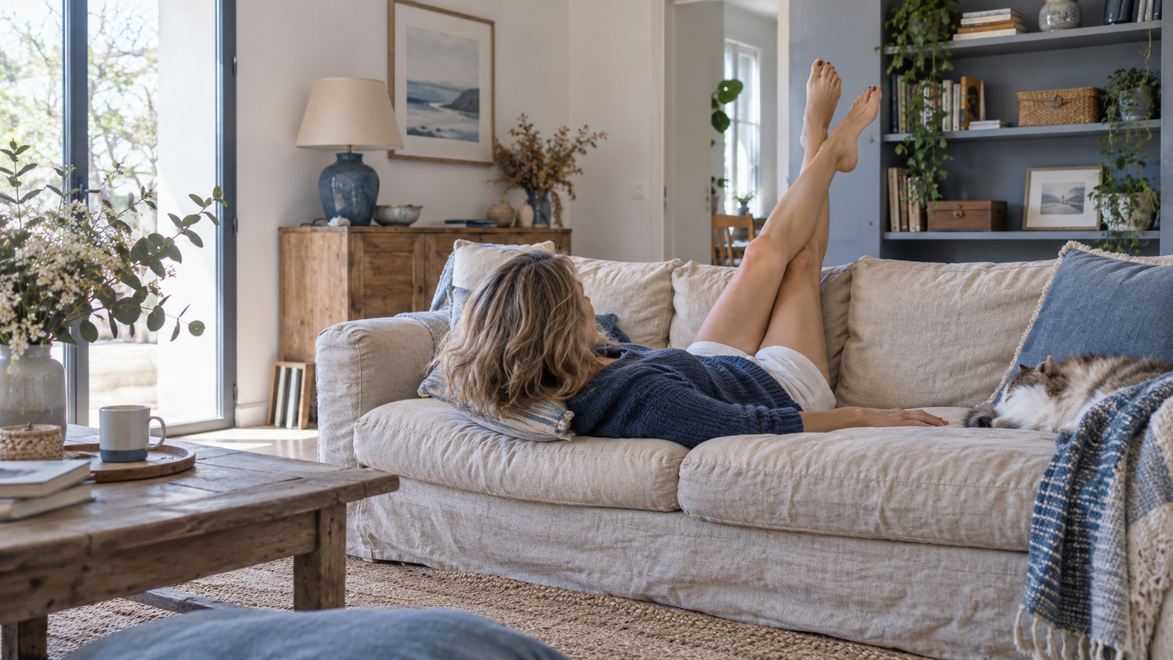 Une femme est allongée sur un canapé beige, les jambes levées, le visage tourné de côté.