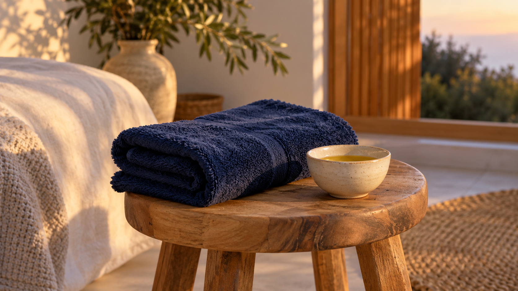 Une serviette bleu marine pliée et un petit bol d'huile sont posés sur un tabouret en bois.