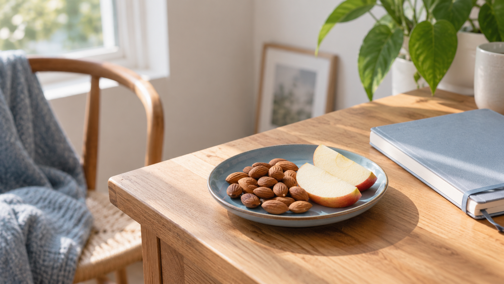 Sur un bureau en bois, une assiette bleue contient des amandes et deux quartiers de pomme, près d'un carnet fermé.