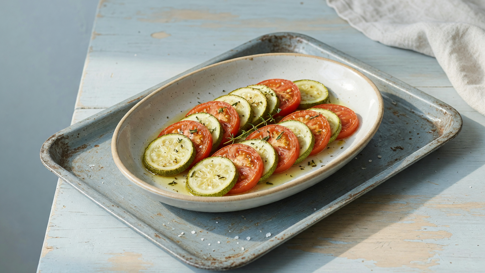 Des tranches de courgette et de tomate sont dans un plat en céramique, sur un plateau en métal usé.