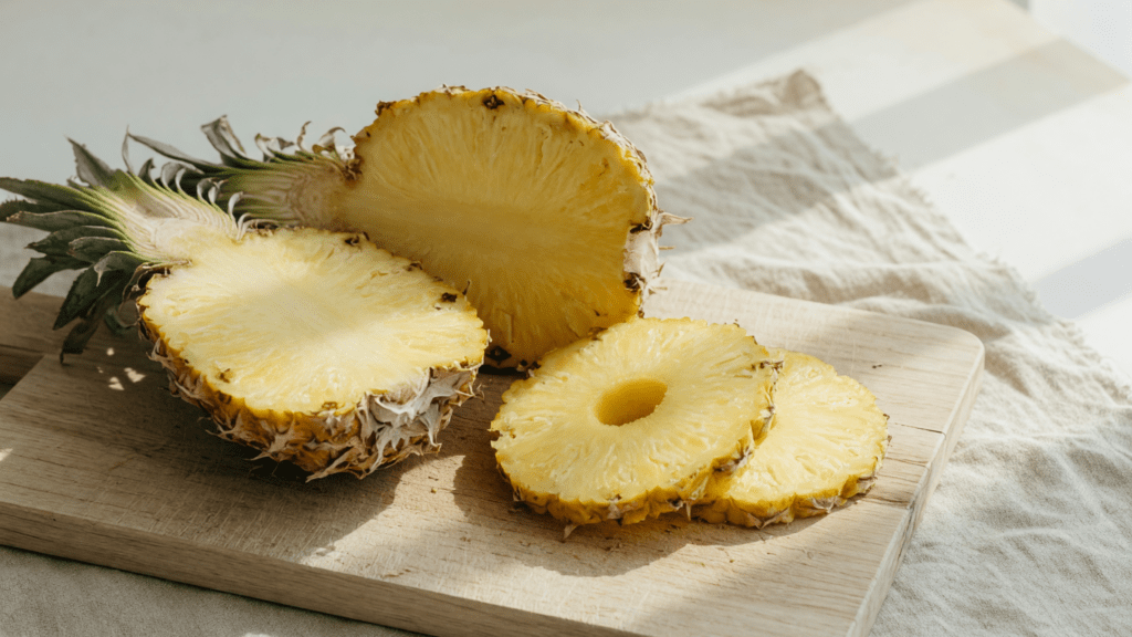 Un ananas coupé en deux est posé sur une planche, avec deux rondelles et un linge beige.