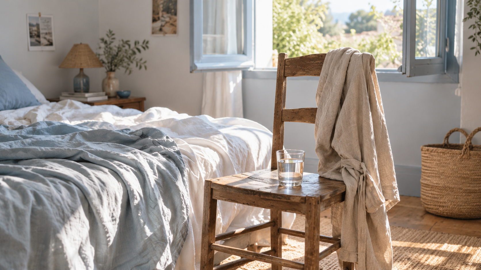 Un peignoir sable est sur une chaise en bois, près d'un verre d'eau et d'un lit défait.
