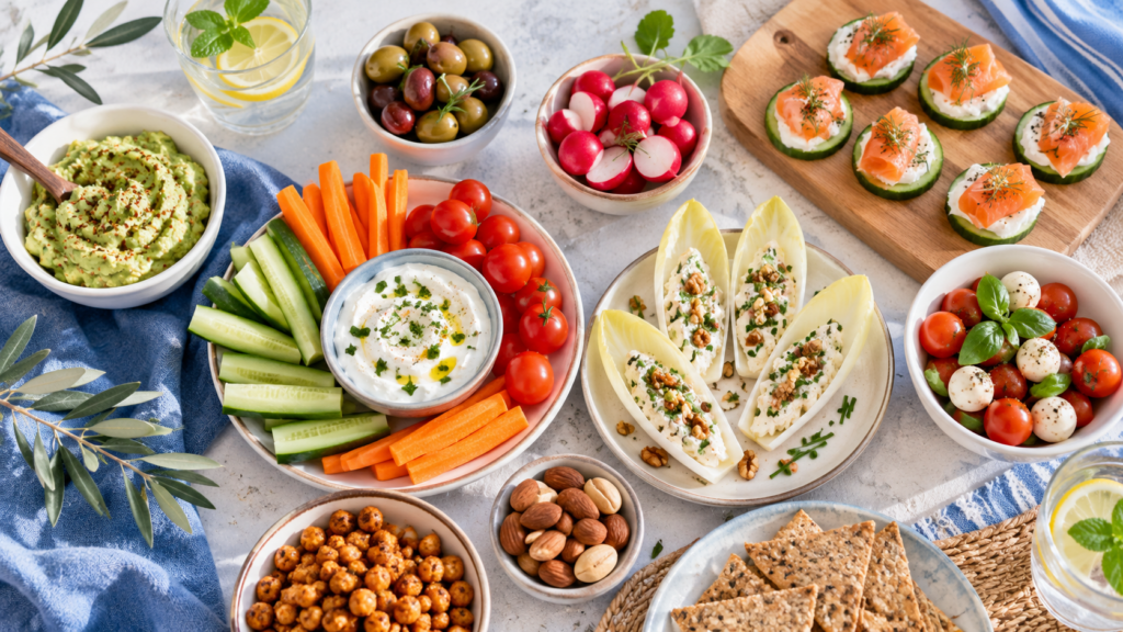 Table d'apéritif vue du dessus, avec des légumes crus, du houmous, des tomates, des olives, des bouchées et des verres citronnés à la menthe.