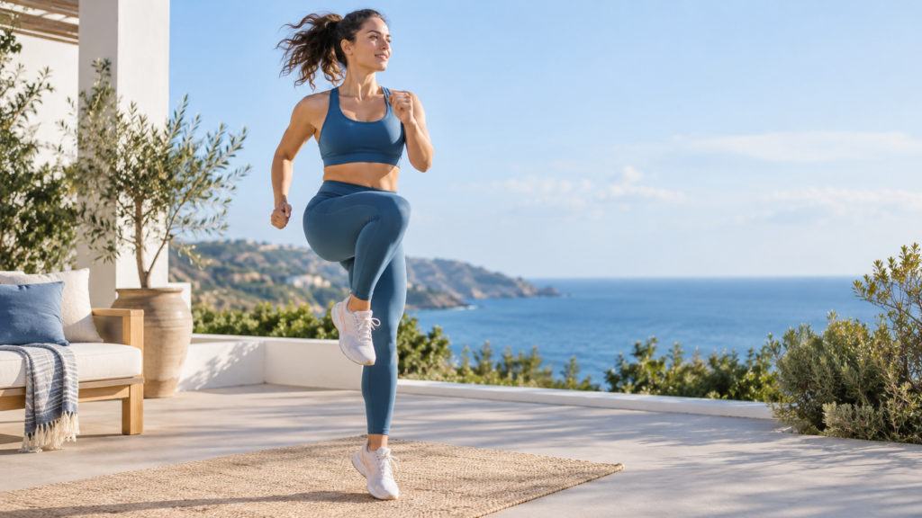 Une femme en tenue de sport bleue lève le genou sur un tapis, sur une terrasse ensoleillée face à la mer.