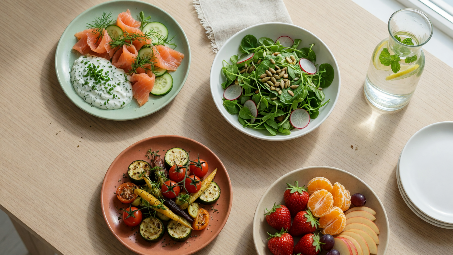 Vue du dessus d'une table de fête : saumon et concombre, salade, légumes rôtis, fruits et une carafe d'eau.