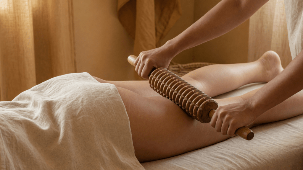 Un rouleau de bois strié passe sur la cuisse pendant un massage sur table.