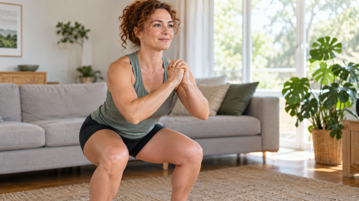 A woman squats in a living room, hands together at her chest.