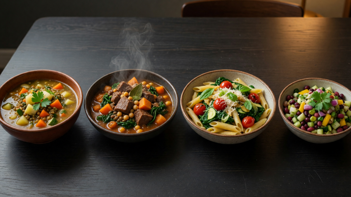 Quatro tigelas alinhadas: sopa de lentilhas, guisado, massa com legumes e salada.