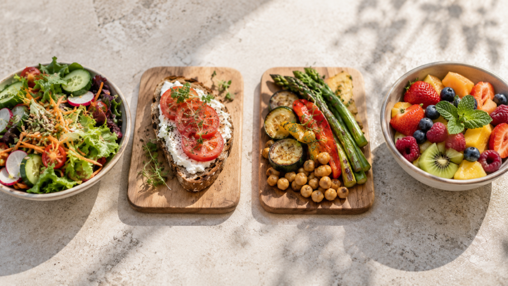 Vier Gerichte auf hellem Untergrund: Salat, Vollkornbrot mit Tomaten, Ofengemüse und Beeren.