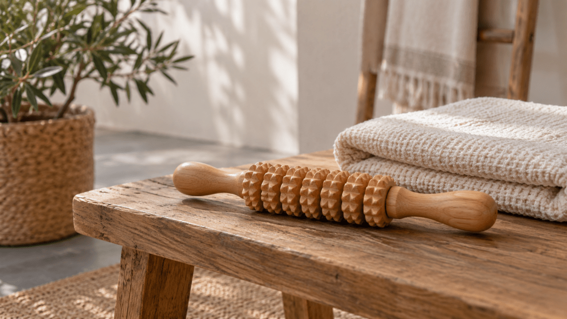 Un rodillo de madera con relieves, sobre una mesa, delante de toallas dobladas.
