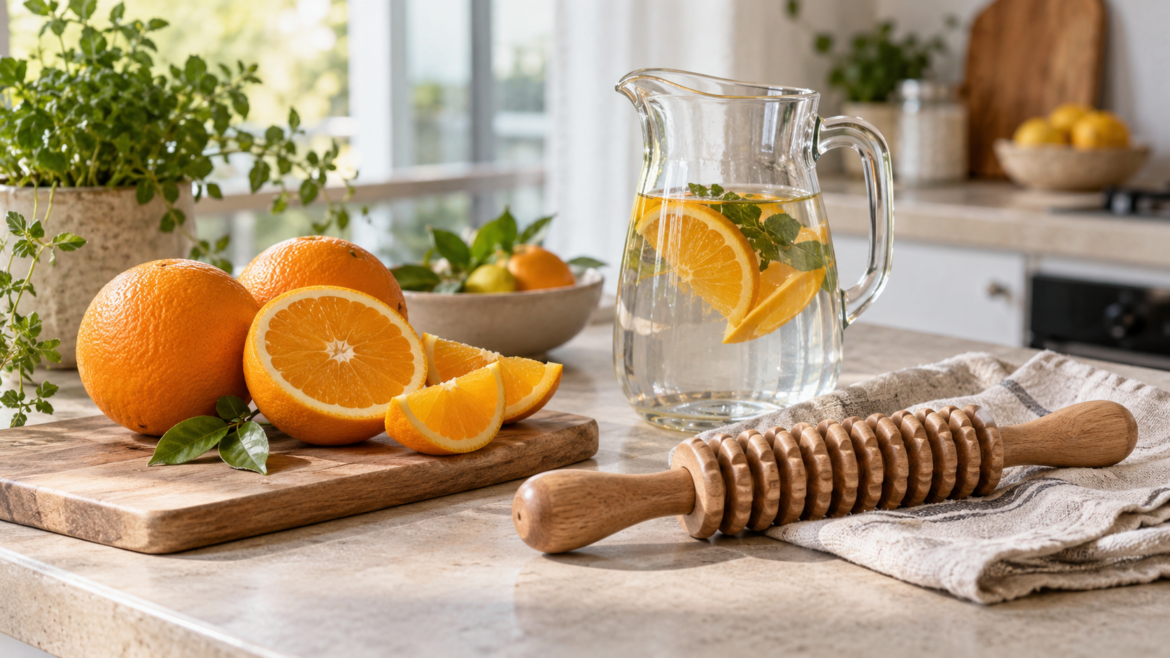 Arance, una caraffa d'acqua e un rullo di legno posato su un canovaccio.