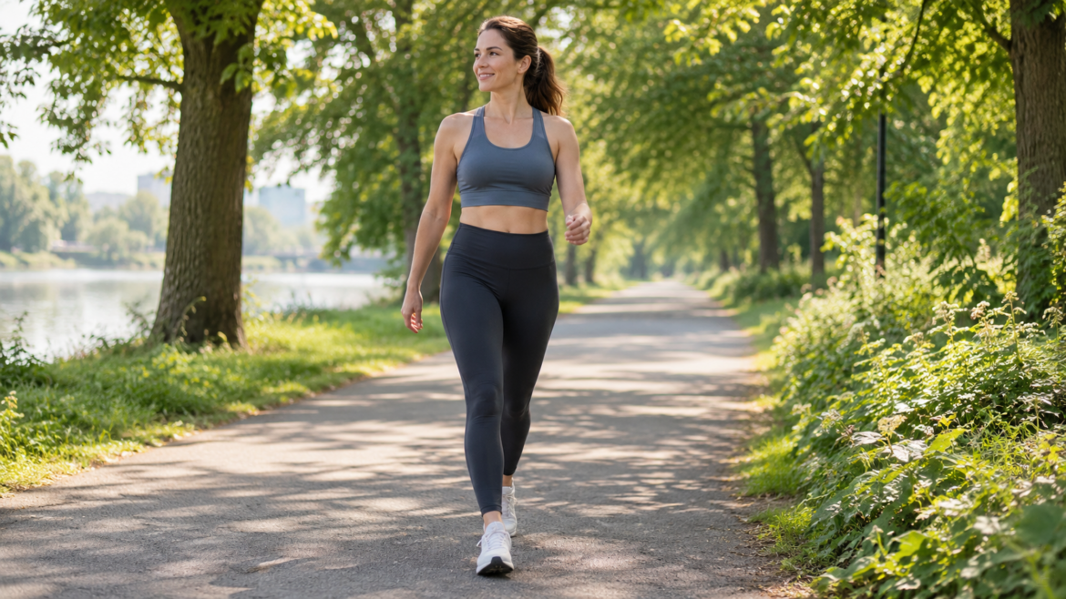 Žena ve sportovním oblečení jde po cestě mezi stromy.