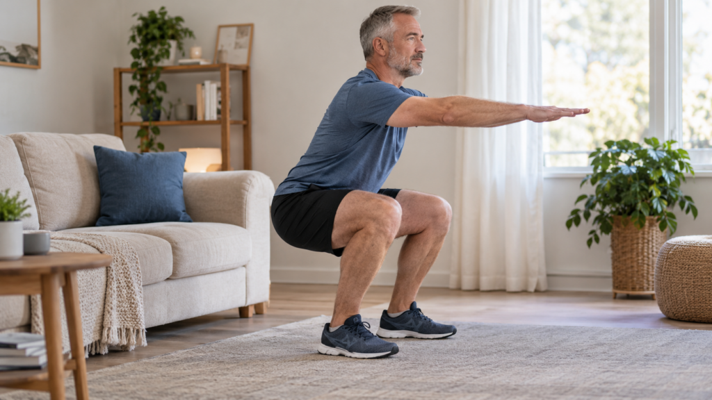 A man holds a squat in a living room, arms forward.