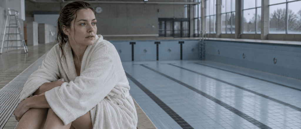 Femme en peignoir au bord d'une piscine en fin de séance