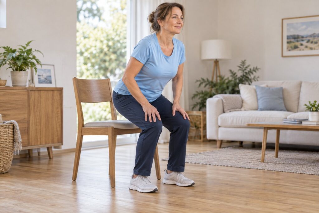 A woman stands up from a stable chair in a bright living room.