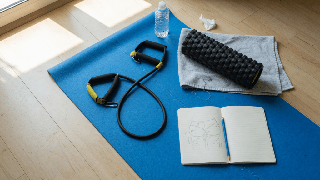 Sur un tapis de sport bleu, un élastique à poignées, un rouleau de massage posé sur une serviette grise, une bouteille d’eau et un carnet ouvert avec un croquis des fessiers.