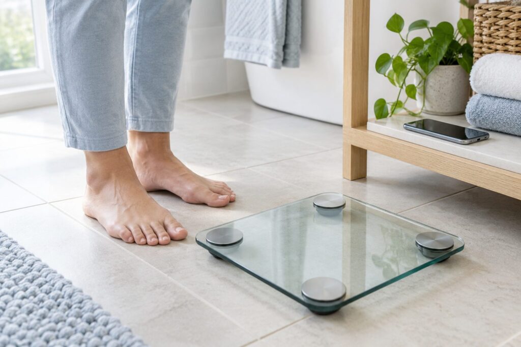 Balance en verre posée sur un sol plat, avec des pieds nus à côté.