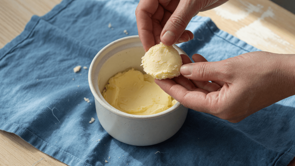 Deux mains tiennent un morceau de beurre de karité au-dessus d’un pot en céramique posé sur un tissu bleu.