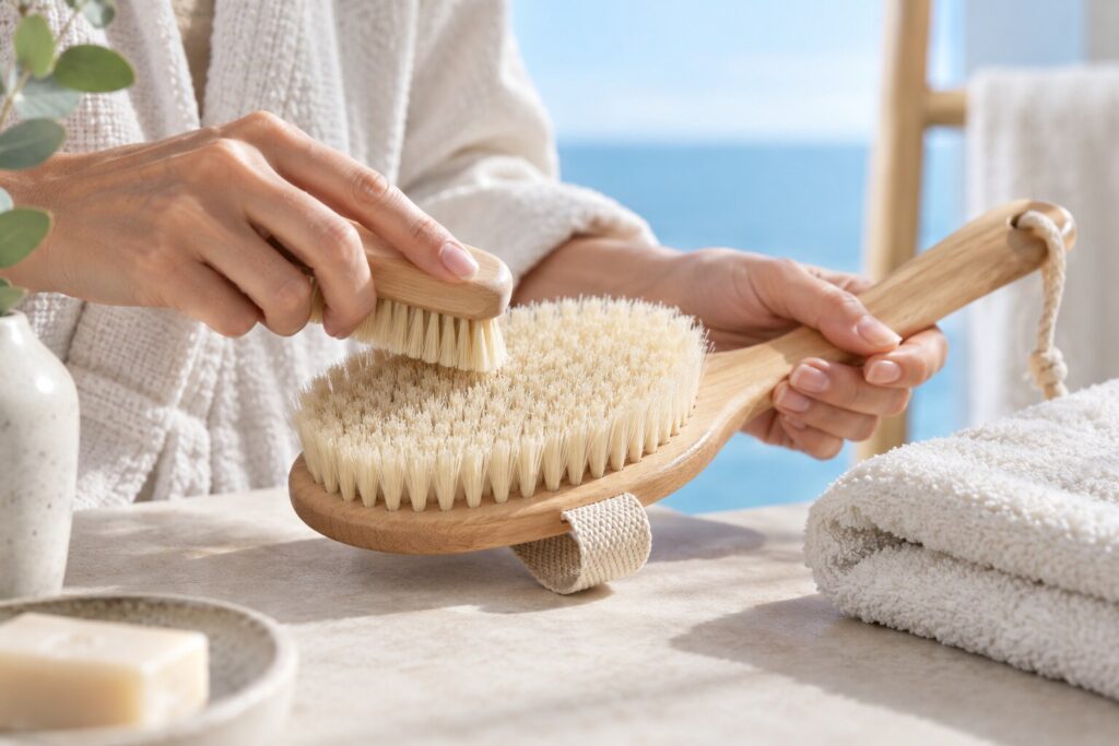 Femme utilisant une brosse sèche sur sa jambe dans une salle de bains lumineuse