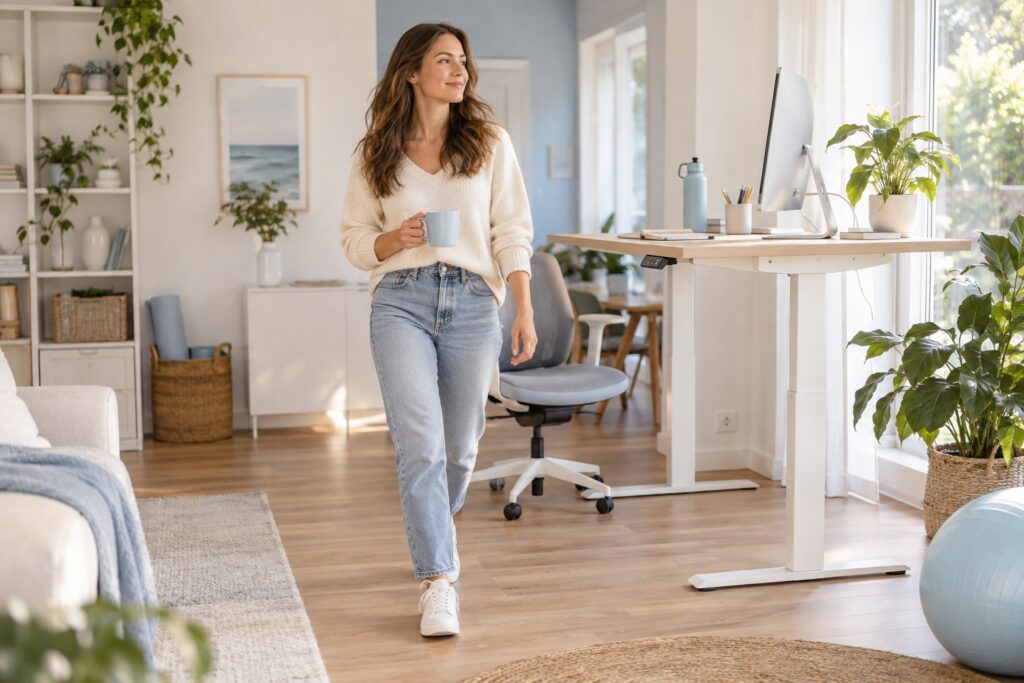 Une femme fait quelques pas à côté de son bureau réglable dans un espace de travail lumineux.