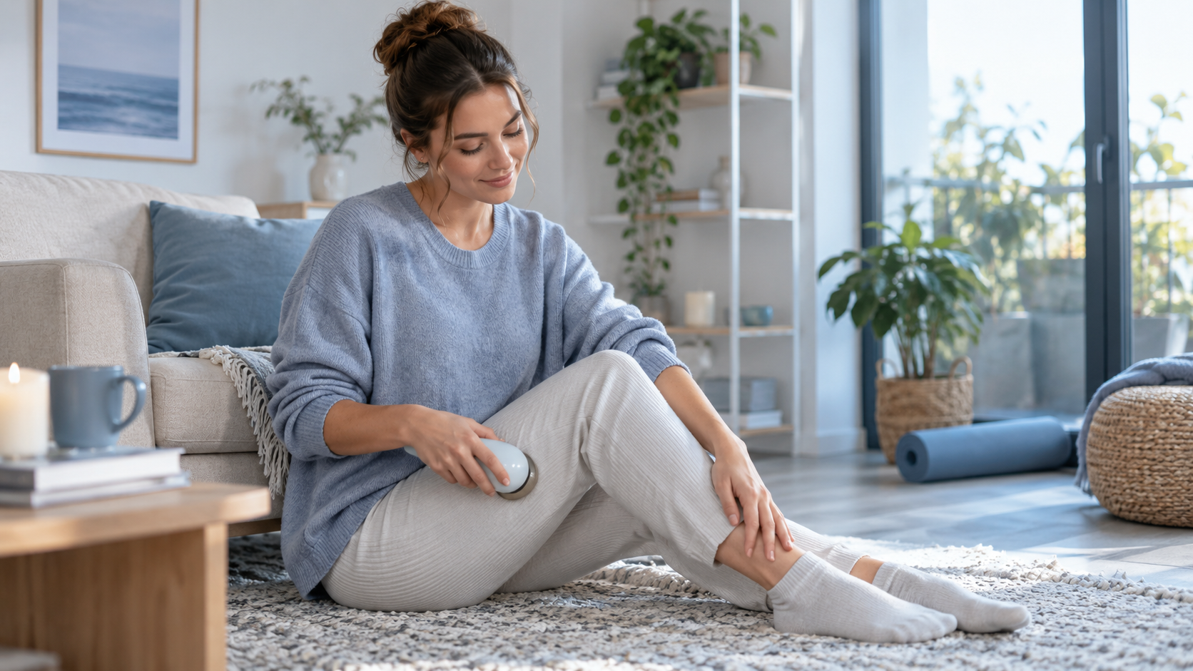 Femme assise au sol dans un intérieur lumineux, utilisant un appareil de massage anti-cellulite portatif sur sa cuisse.