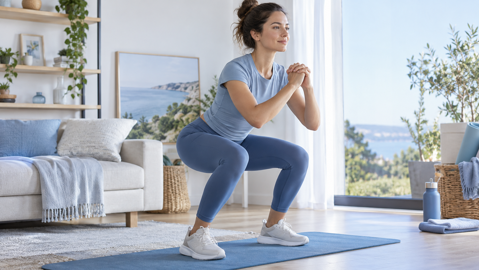 Femme en tenue de sport réalisant un squat sur un tapis d’exercice bleu dans un salon lumineux, avec une bouteille d’eau et une serviette à proximité.