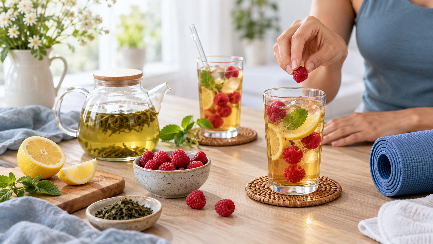 Illustration éditoriale : Thé vert et framboises : recette d'une boisson fraîche
