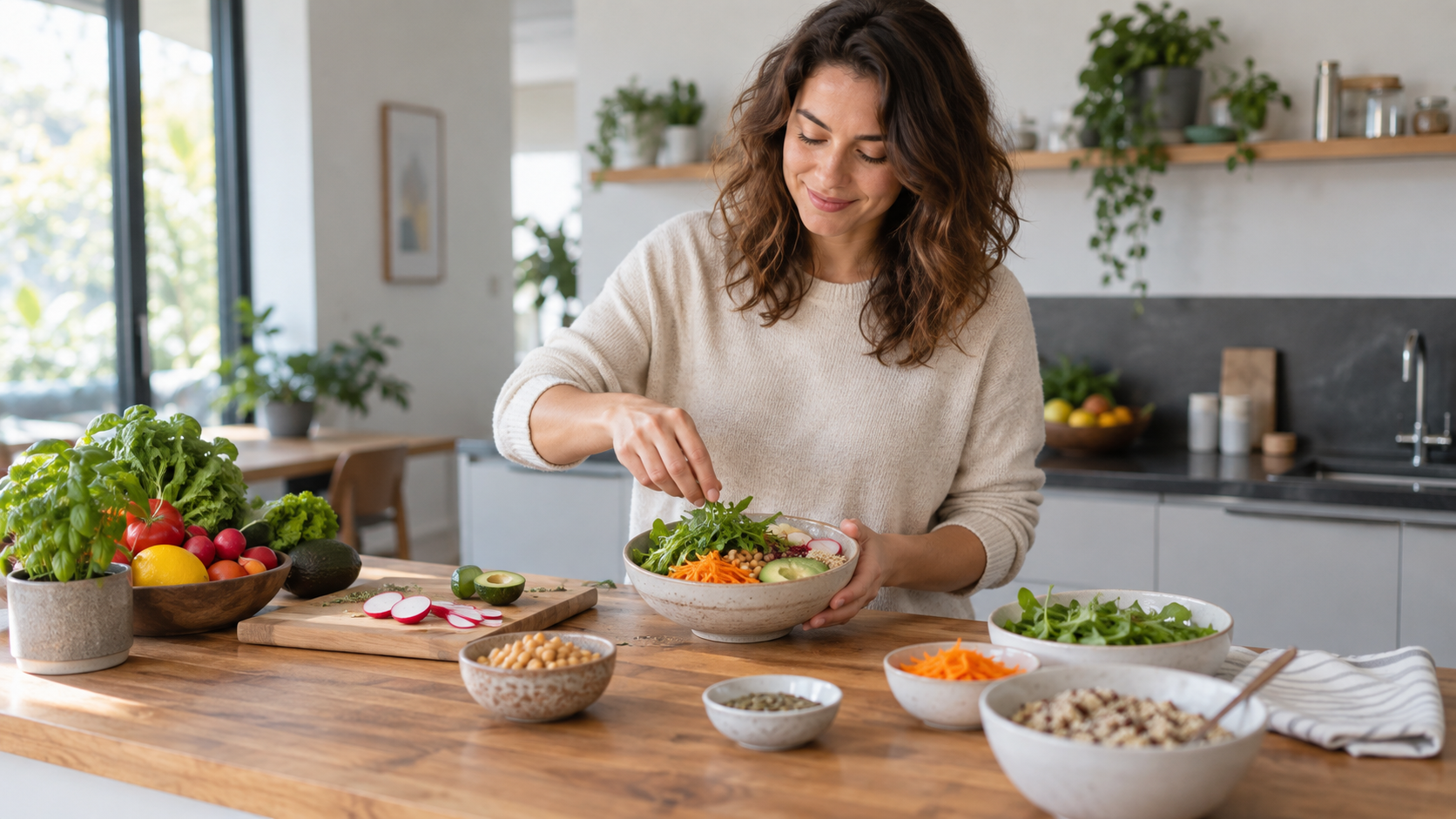 Une femme prépare un bol composé de légumes, de crudités, de pois chiches et d’avocat dans une cuisine lumineuse, entourée d’ingrédients frais et de bols de préparation.