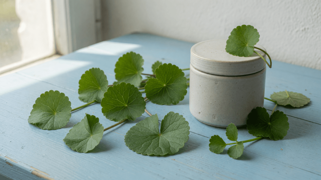 Feuilles de Centella asiatica disposées autour d’un pot en céramique sans étiquette, sur une table en bois bleu éclairée par une fenêtre.