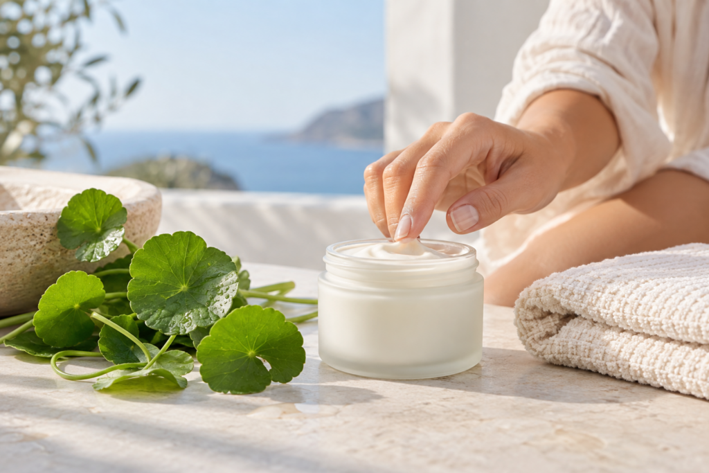 Femme appliquant délicatement une crème sur la peau de son ventre dans une salle de bains lumineuse