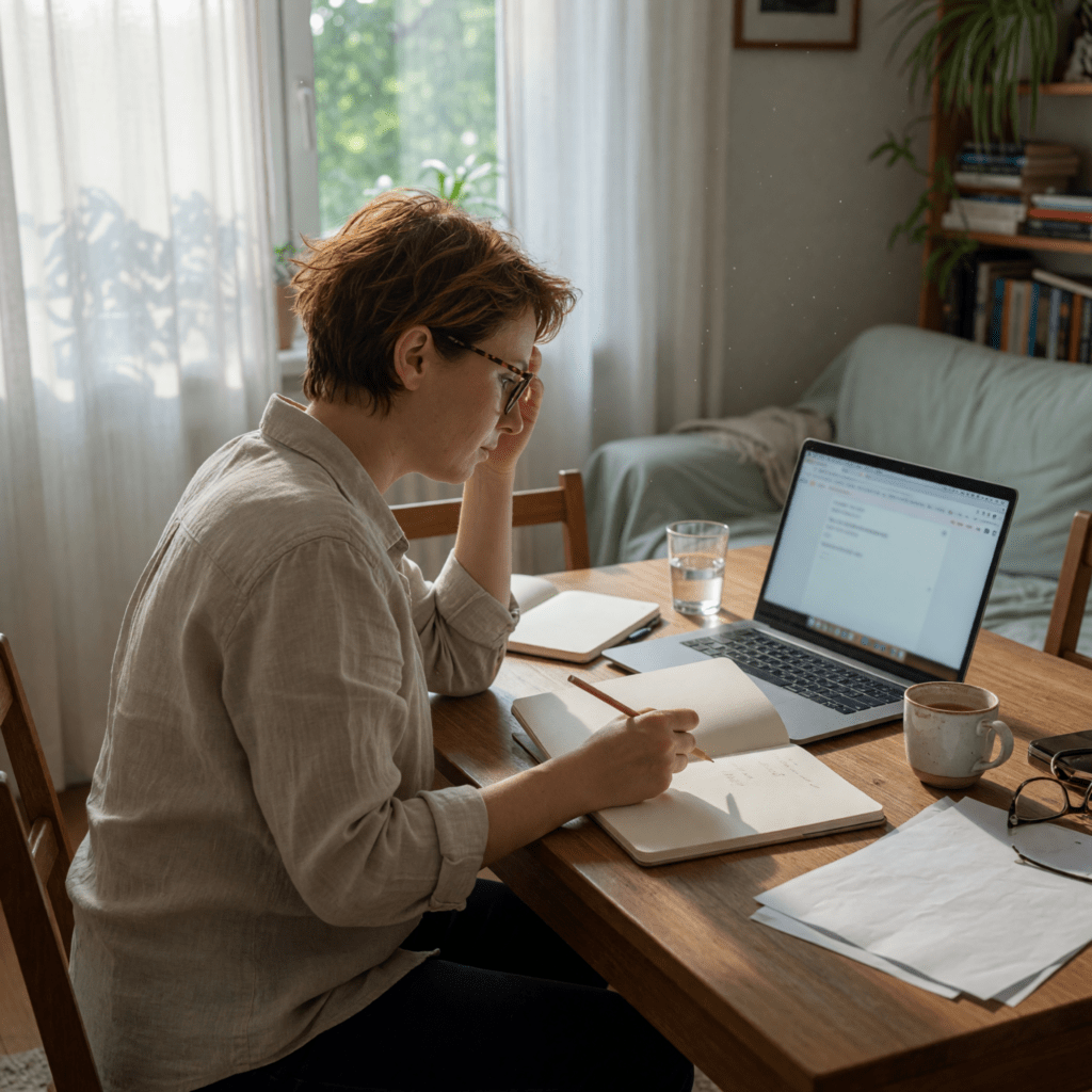 Une personne à lunettes consulte un ordinateur portable et prend des notes dans un carnet, à une table près d’une fenêtre.