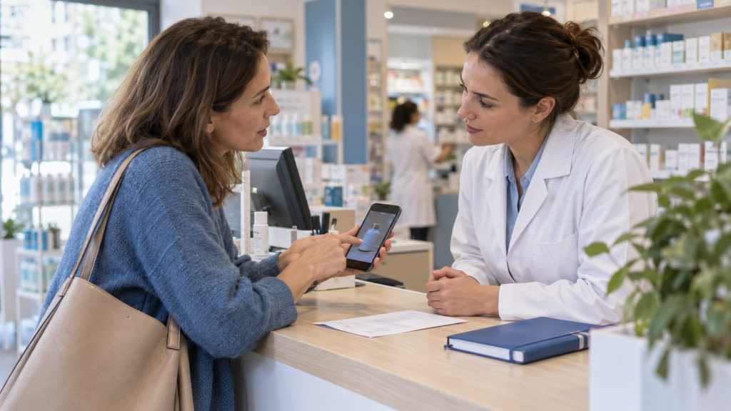Une cliente montre son téléphone à une pharmacienne derrière le comptoir d’une pharmacie.